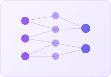 Neural network / node graph with purple and lavender dots connected by lines on a light purple background