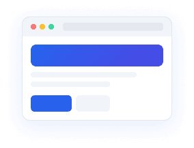 Browser window mockup with a blue hero banner, placeholder text lines, and two blue CTA buttons